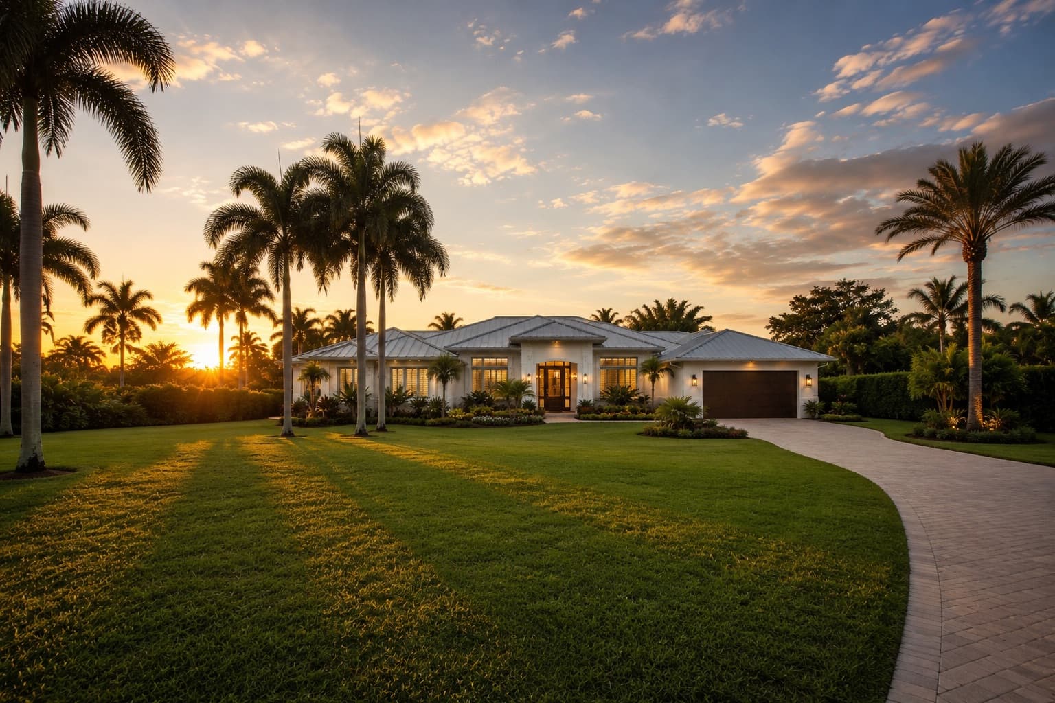 Modern white-stucco villa with sculpted gardens under a clear sky